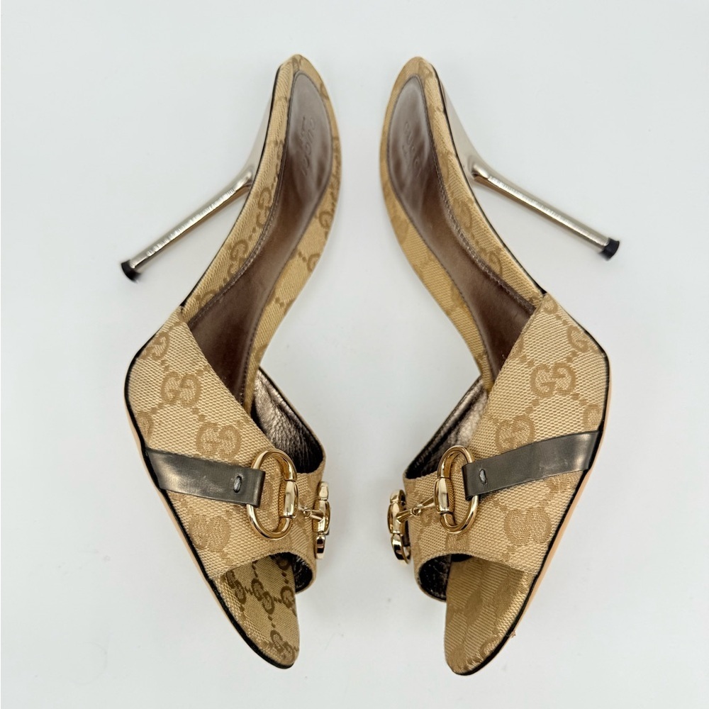 Gucci Beige Brown Gunmetal Grey GG supreme monogram horsebit mules heels Y2K 9.5 - Picture 2 of 9